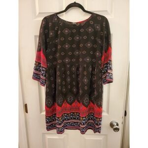 Meaneor Dress 3/4 Sleeve Black Scarf Print Size M knee length artsy boho casual